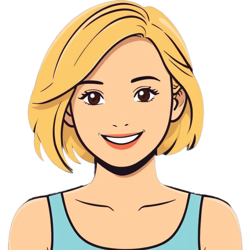 Woman, blonde hair, brown eyes, white skin, smile emoji