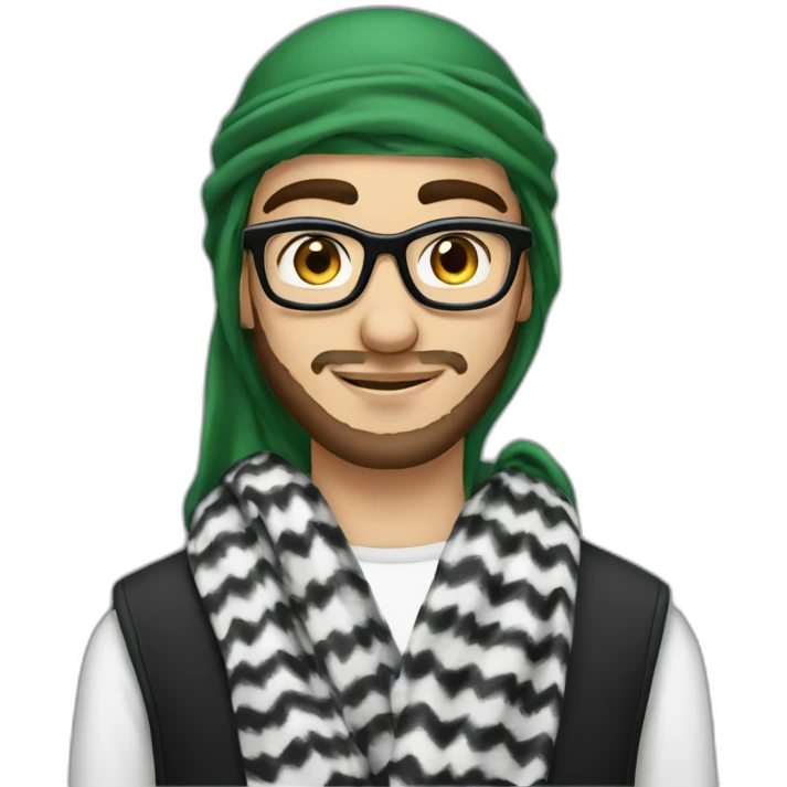 An 18-year-old young man with a thin beard and blue eyes, wearing black glasses and wearing a Palestinian keffiyeh.   emoji