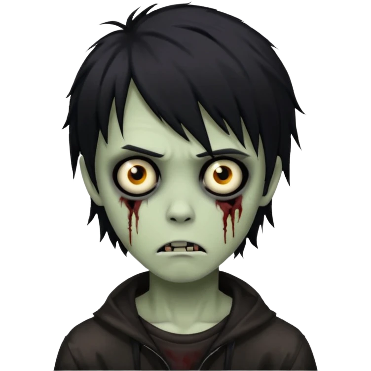 boy zombie with black medium-long emo shaggy hair, dark and spooky, creepy expression emoji