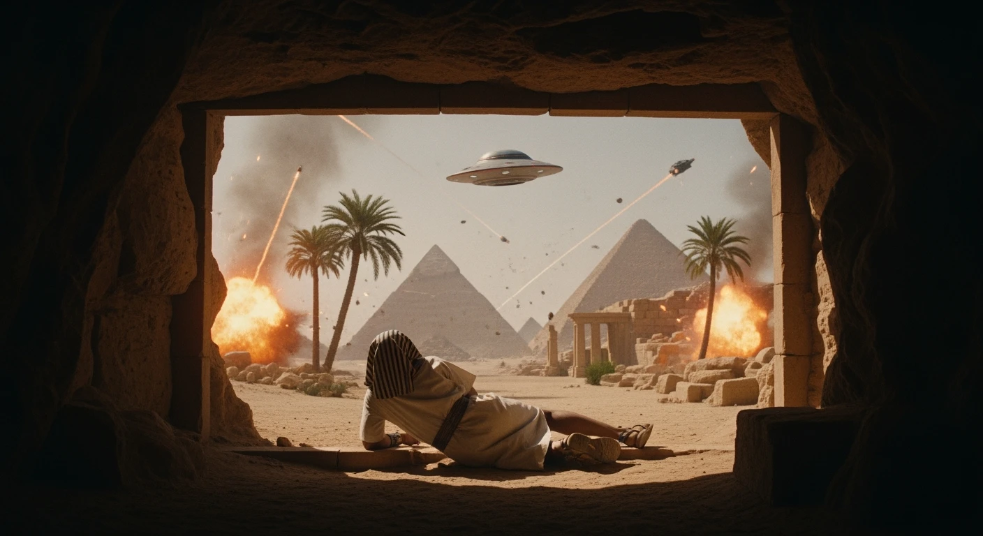 cinematic still, documentary photography, acient egypt, back shot of a man dress in ancient clothes in cave (frame in frame effect) on ground laying front of small ufo starship, explosions, palms, dynamic scane, leading lines, captured by arri alexa, depth layers, piramids in babckground emoji