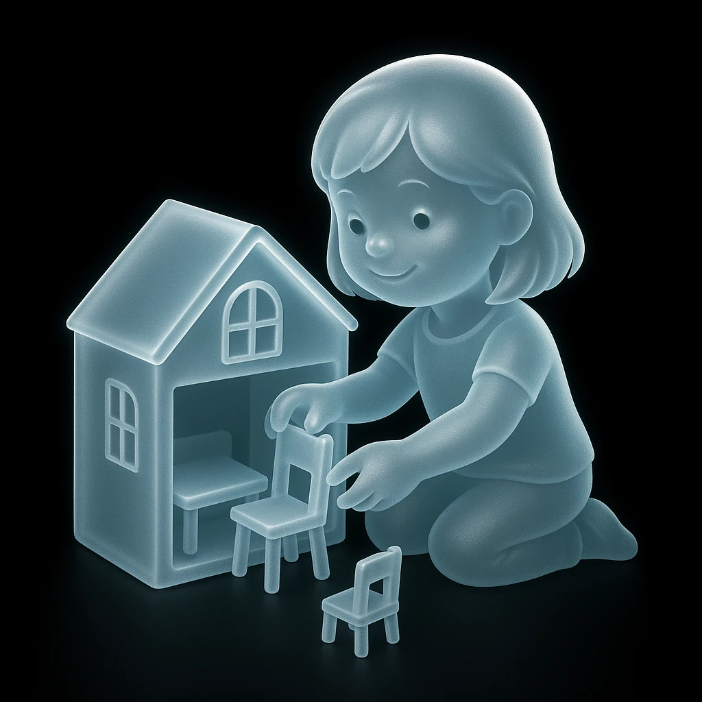 smiling girl arranging furniture in doll house emoji