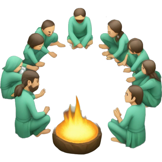 ritual with 7 people kneeling in a circle with green flame in the middle  emoji