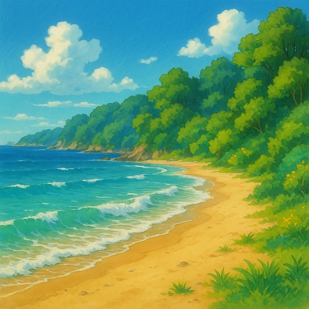 ghibli style coast with sandy beach, gentle waves, and lush greenery emoji
