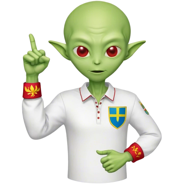 Green alien in Shirt 👚 vyshyvanka, white with red embodiary on sleeved, with 🇺🇦 Ukraine flag in a hand and 💪 emoji