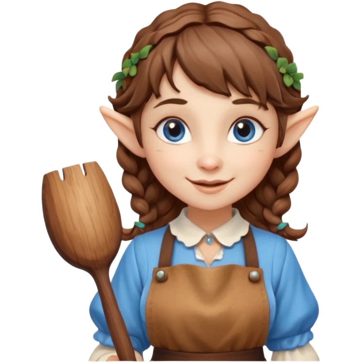Kind happy whimsical quirky Girl toymaker, wood carving elf. Woodland creator. Blue eyes. brown hair (just below chin length) wavy hair & bangs. Whimsical playful cute emoji