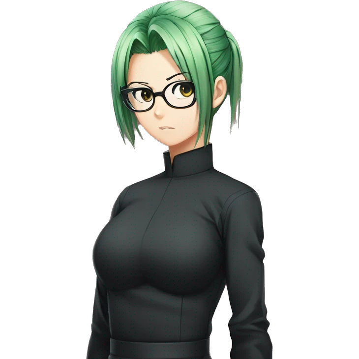 Maki zenin from jujutsu kaisen, Green hair tied one pony tail, visible glasses, serious face, wear black leggings, Jujutsu kaisen women uniform emoji