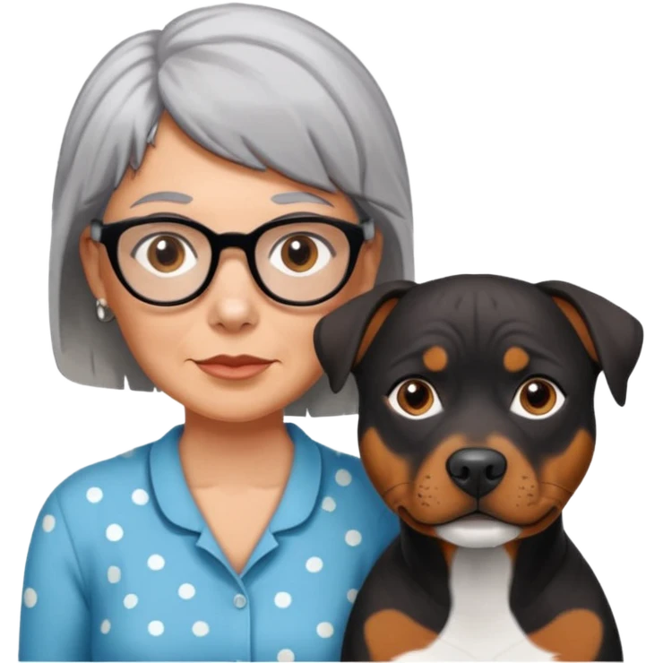 ONE Pit bull Rottweiler mix with white muzzle and spots on muzzle next to ONE older woman with really short grey hair and brown eyes emoji