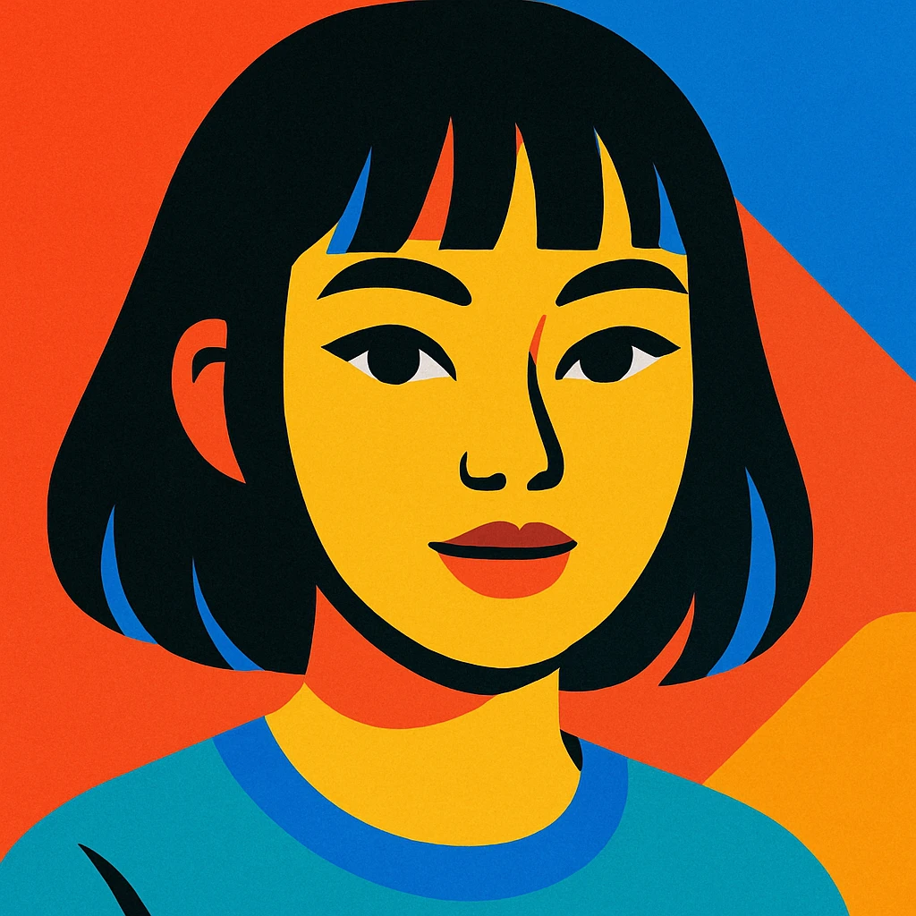 portrait of a girl with black shoulder-length hair, bangs, black almond-shaped eyes, full lips, and straight nose, in vibrant toon style emoji