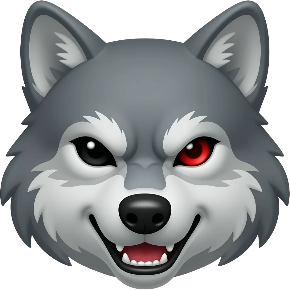 Angry gray wolf with visible red eye only face and small emoji