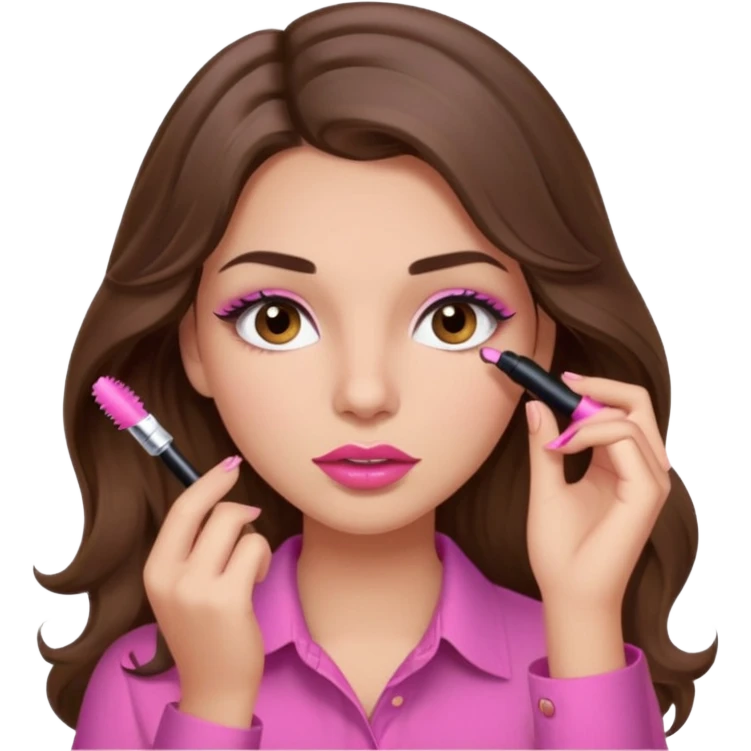 girl with long wavy brown hair, brown eyes, light to medium complexion, in a pink shirt, pink lips, long lashes, puckered lips, putting on mascara emoji