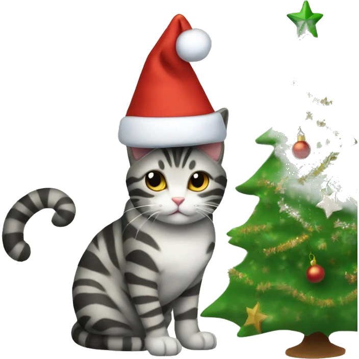 striped cat in a New Year's hat next to the Christmas tree emoji