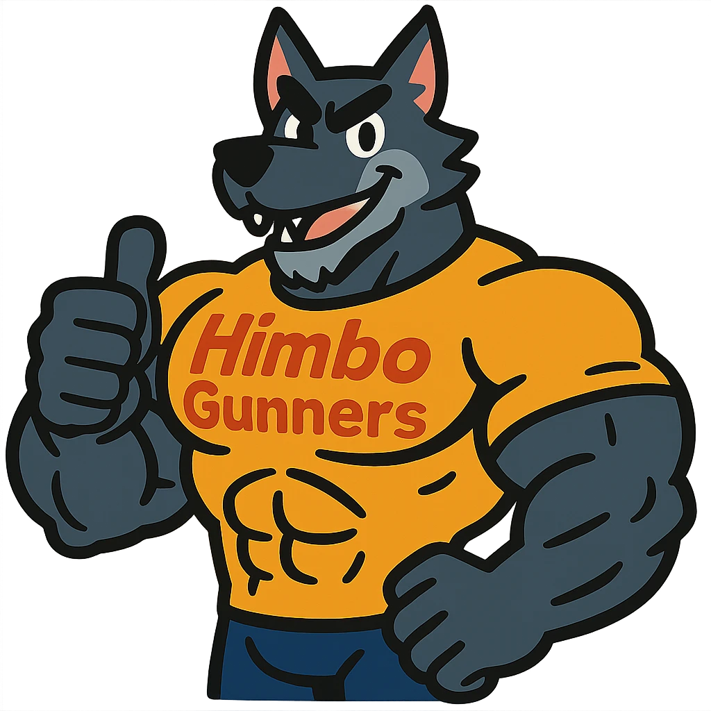 super muscular wolf furry with massive physique, wearing a t-shirt that says 'Himbo gunners', giving a thumbs up emoji