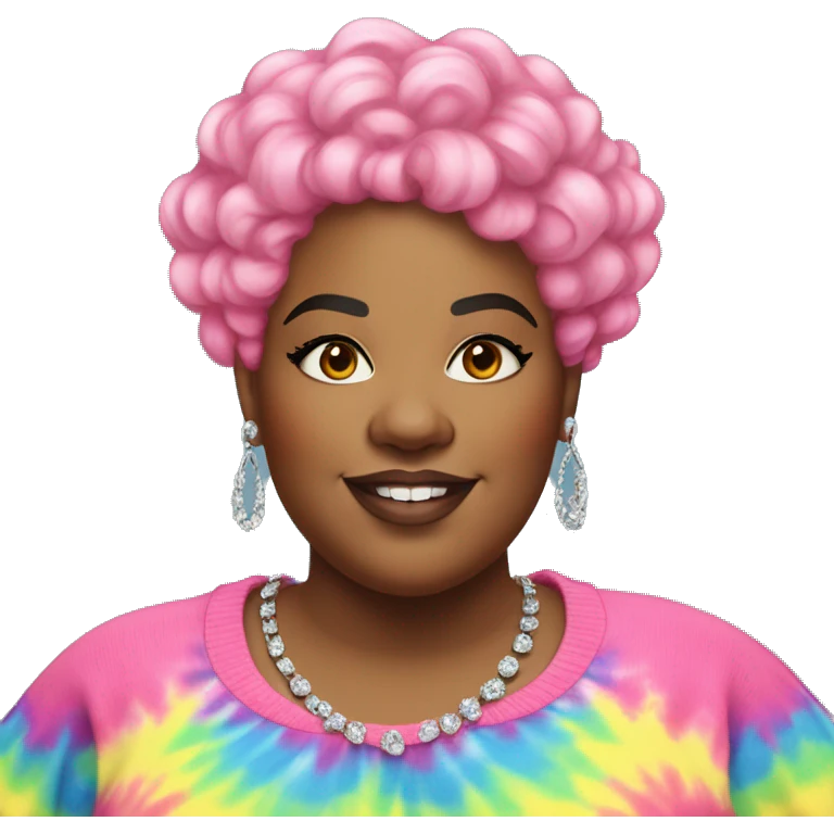 Large Plus size black woman with pink curly pixie cut hair and a rainbow tie dye sweater , and diamond stud earrings  emoji
