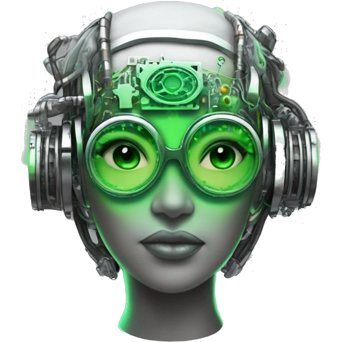 Neon green bobbed hair Latina female cyborg head with silver steampunk goggles and circuits emoji