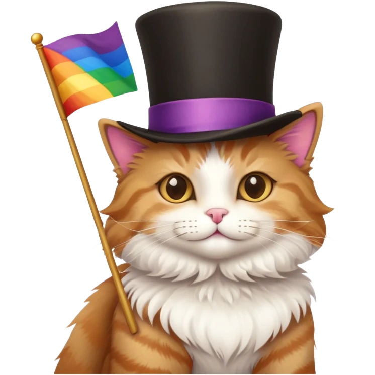Cat wearing a top hat and holding a pride flag emoji