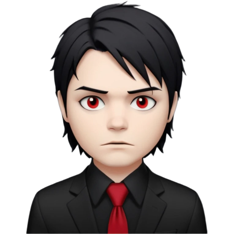 🎨 Classic Emoji — Gerard Way (Revenge Era)
Round, simplified emoji style
Pale skin tone
Jet-black, shoulder-length hair messy and emo
Heavy eyeliner and slight red shadow under the eyes
Subtle serious / melancholic expression
Hint of red tie visible on black button up shirt.
Transparent background emoji