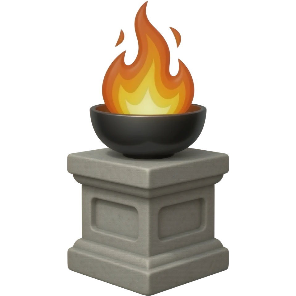 A minimalist stone pedestal with a tall rectangular base and a shallow black bowl on top, designed as a modern torch or brazier. Bright huge flames rise from the bowl emoji