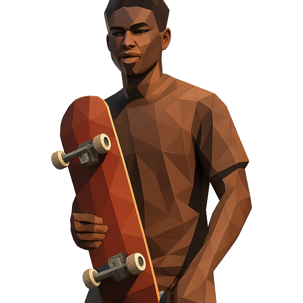 low-poly polygonal style black man holding a skateboard emoji