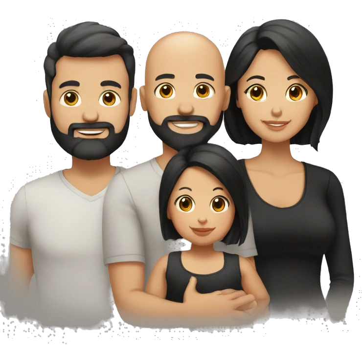 Family, bald tan dad with black beard, pale mom with long straight black hair, tan infant baby girl with black hair emoji