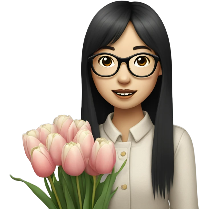 asian pale skin girl with long black shaking hair and bangs and glasses holding tulips emoji