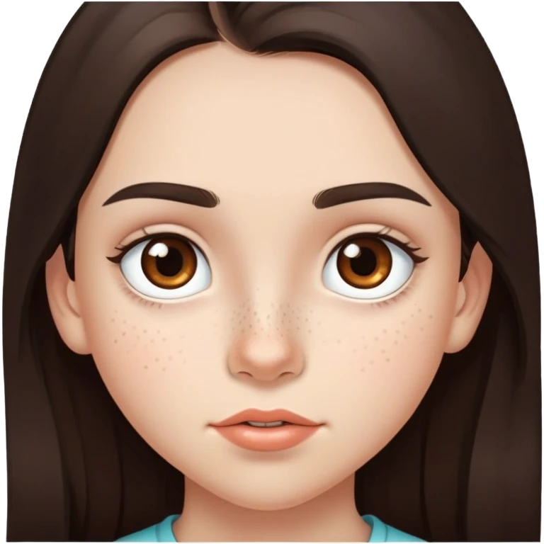 A 12-year-old girl with very long dark brown hair, light brown eyes, thick eyebrows, slightly big lips, a small freckle on her cheek and another small freckle under her eye emoji
