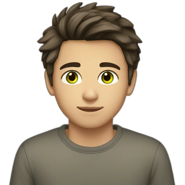 15 years old boy with dark brown hair tan light skin and greenish brown eyes  emoji