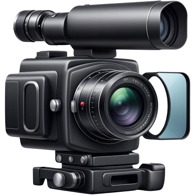 Black professional photo camera, large lens, clear photo shot in the background, sleek design, minimalistic, on a white background, no extra details. emoji