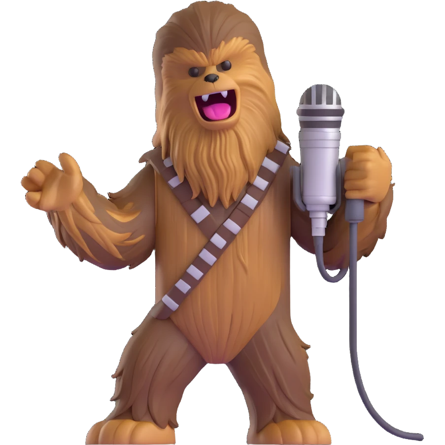 Chewbacca singing into a microphone, energetic pose emoji