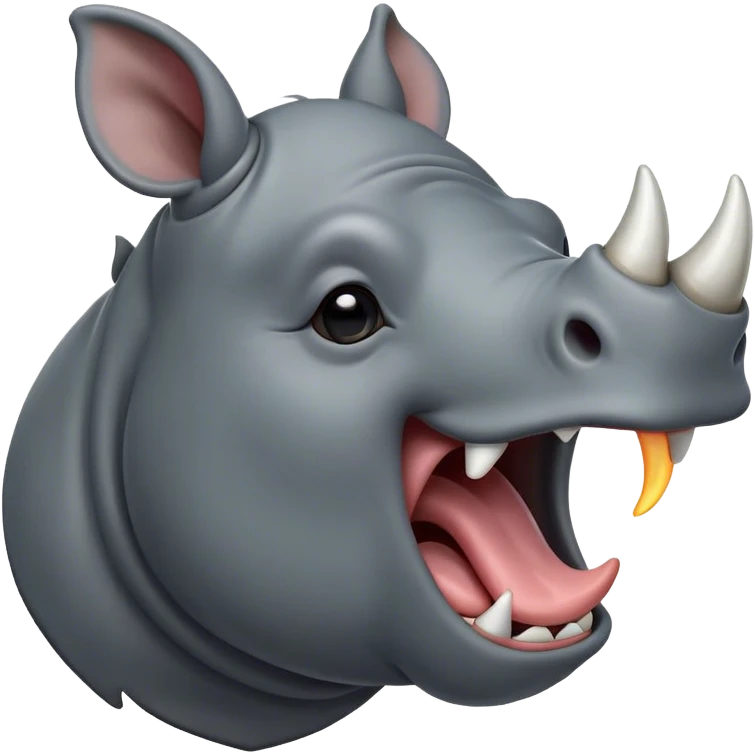 Cinematic Cute Yawning Rhinoceros Portrait Emoji, Head tilted slightly with a dramatic, wide-open yawn, showcasing a soft, textured slate-gray hide with a slightly drooping white horn and eyes barely open in drowsy contentment, Simplified yet irresistibly adorable features, highly detailed, glowing with a soft, cozy glow, high shine, relaxed yet expressive, stylized with a touch of rugged whimsy, bright and endearing, soft glowing outline, capturing the essence of a sleepy yet affectionate rhinoceros, so drowsy it feels like it could stretch out of the screen and curl up for a nap! emoji