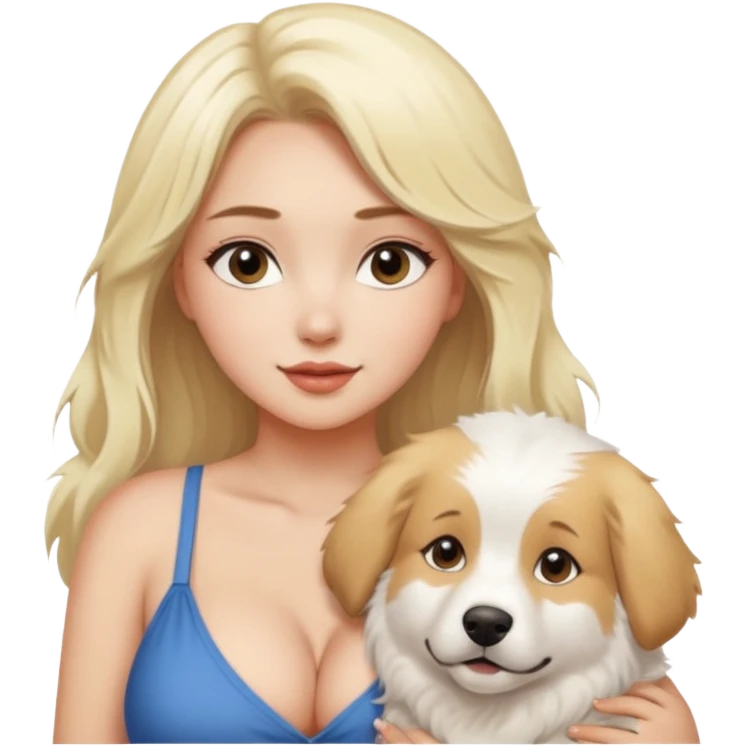 Sexy blonde girl with large breasts and a great pyrness dog next to her. emoji