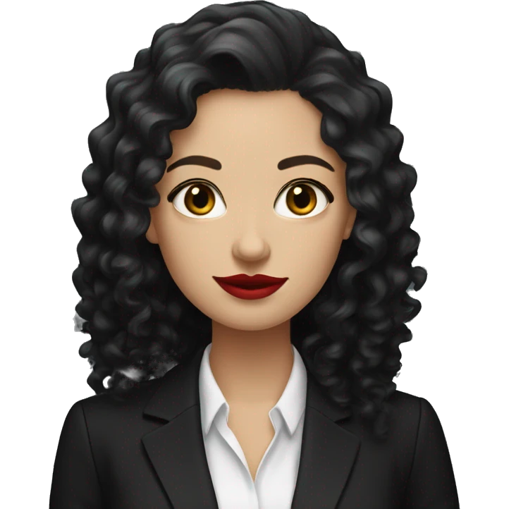 corporate white woman, red lipstick, long black curly hair, black shirt, black blazer  emoji