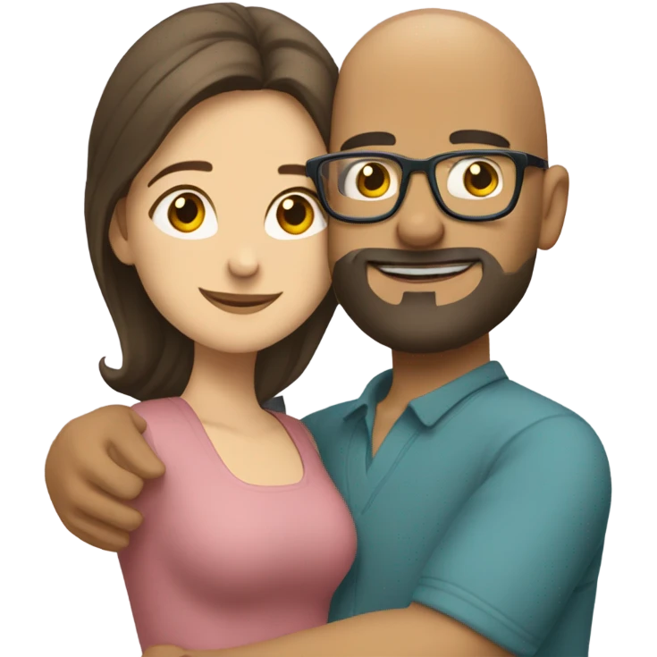 Bald Hispanic man with beard and glasses and white brunette girl with long hair hugging emoji
