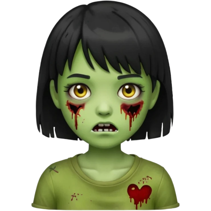 emoji, garota zumbi, estilo iphone, verde, com cabelo curto, preto, com franja, machucados pelo rosto, zumbi, com olhos brancos emoji