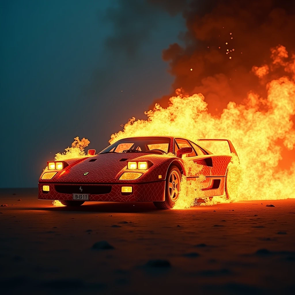 Cinematic still of Ferrari F40 in fire, blue background emoji