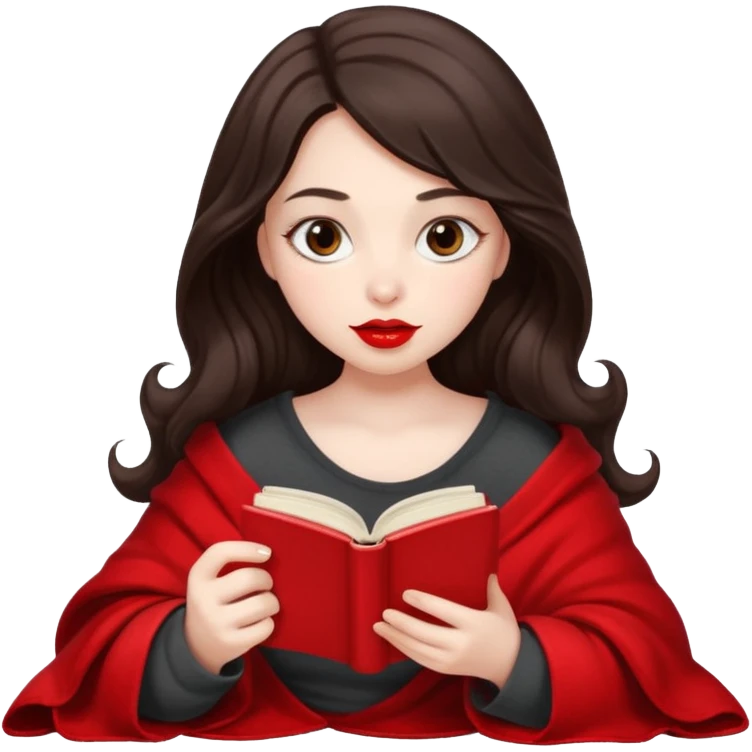 Long wavy dark brown haired, white skinned, dark big eyed girl with red lipstick wrapped in a red blanket, sipping tea and reading a book emoji