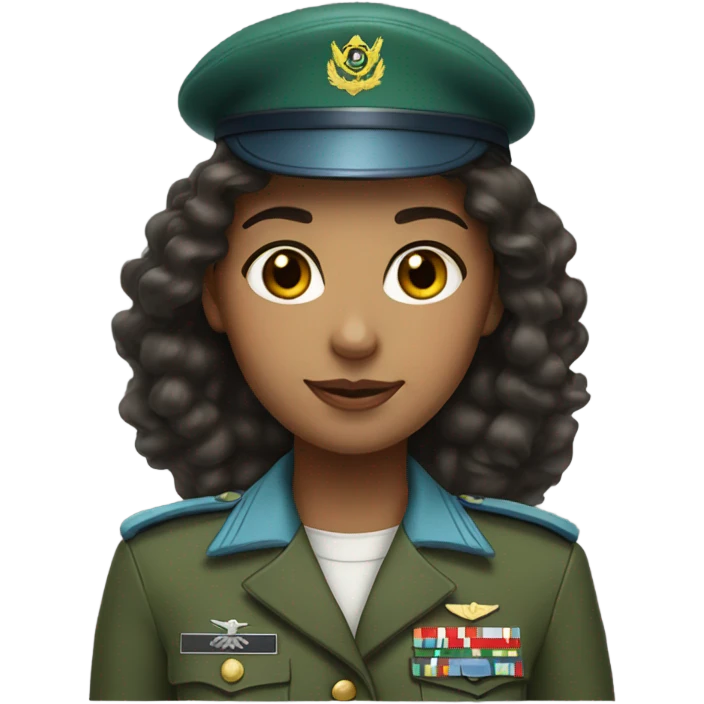 A girl with long curly dark hair wearing a green military uniform and a light blue beret on her head emoji