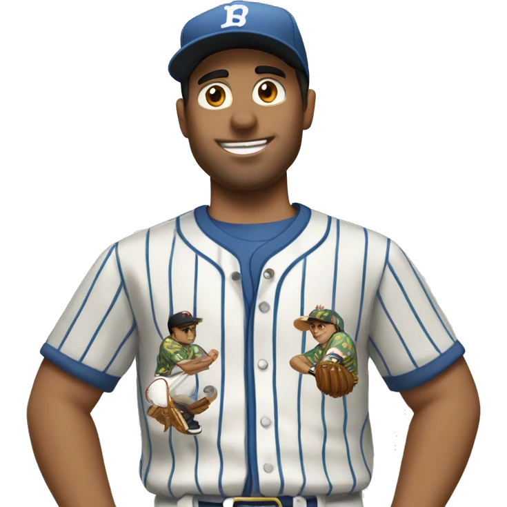Man with brown hair in a Hawaiian shirt negotiates with a Latino baseball player wearing pinstripes  emoji