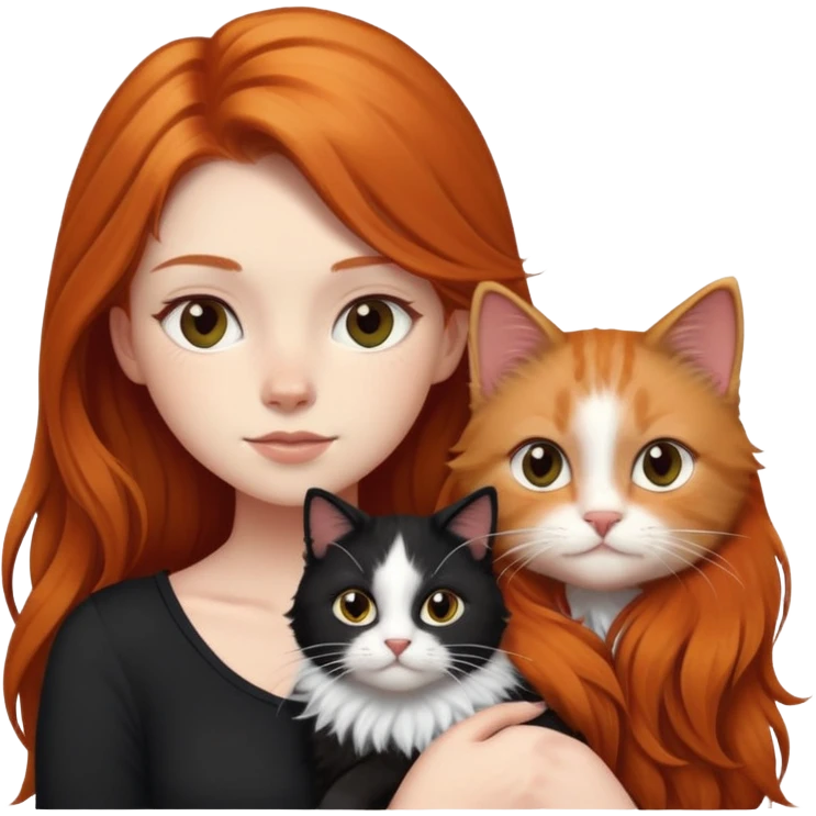 A girl with long ginger hair and a black and white fluffy cat on her right shoulder emoji