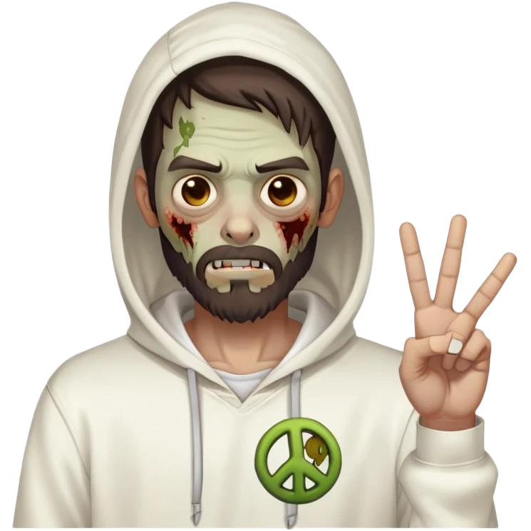 zombie with peace sign gesture wearing plain white hoodie with no designs, dark brown hair and short full beard emoji