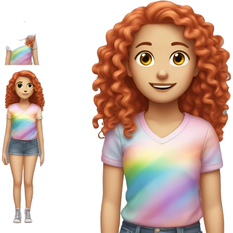 white girl with long red curly hair, wearing a pastel rainbow shirt doing a pose emoji