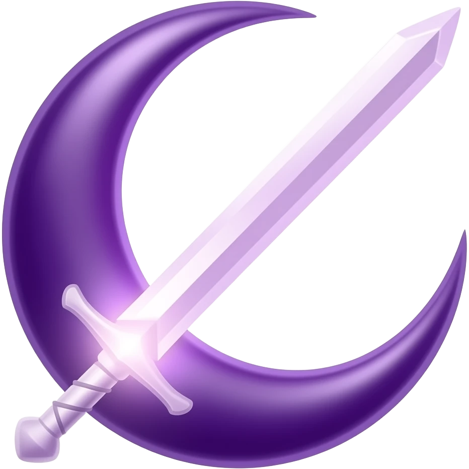 Glowing dark purple detailed crescent moon with an elegant detailed glowing transparent sword, emoji style. Soft violet and pink glow, minimal clean design, smooth edges, subtle lighting, centered, high contrast, transparent background. emoji