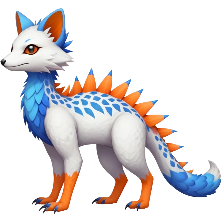 Rare realistic exotic white and neon-blue and neon-orange epic pretty beautiful handsome gorgeous aesthetic colorful vibrant Vernid-Trico-species-Fakemon-creature by LiLaiRa, 4 legs, 1 tail, random markings, (full body) orange spikes on tail  emoji