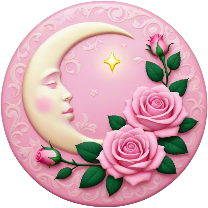 A round pink button with a light cream full damask style moon and pink roses in the center emoji