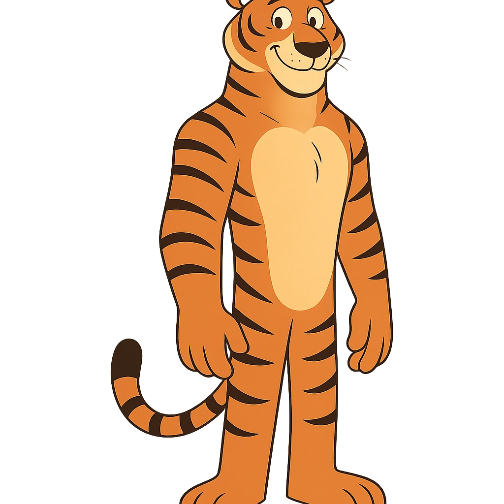 a tall tiger with a gentle smile, approachable and kind, cartoon style emoji