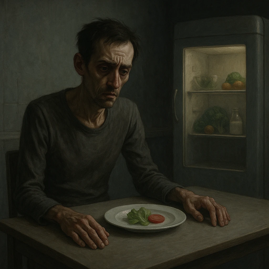 symbolic realism, cinematic style; thin, tired man at minimalist table, plate with only lettuce and tomato, frustrated and weary, sunken eyes, cold empty kitchen, closed fridge with healthy foods inside, expressive face, muted colors emoji