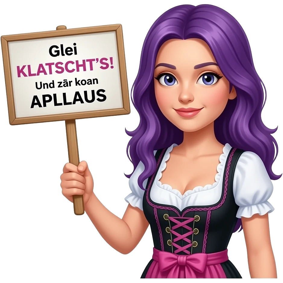 girl with long purple hair wearing a dirndl holding a Glei KLATSCHT'S! Und zwar koan APLLAUS sign emoji