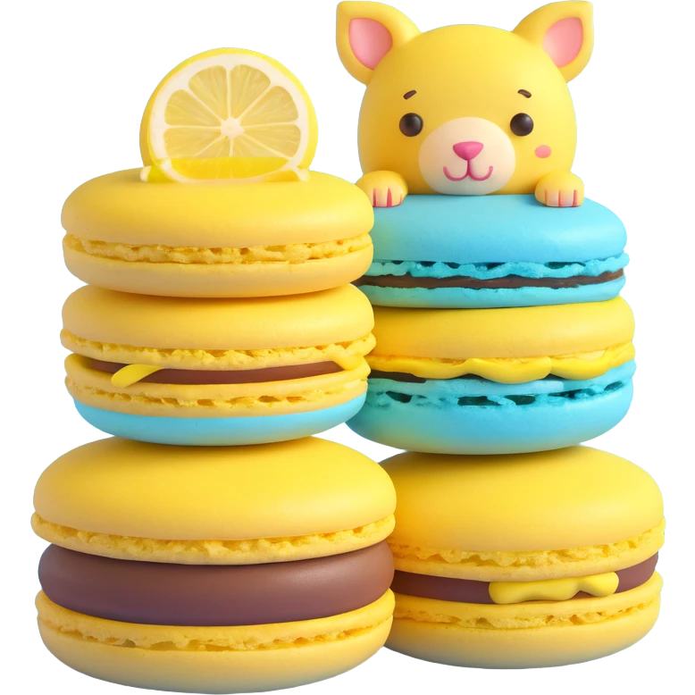 A yellow macaron with a lemon slice on top, two animals peeking out, light yellow background with white stars, detailed texture emoji