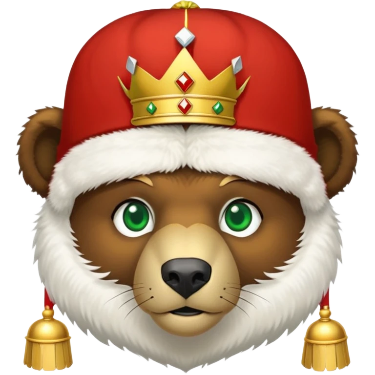 Brown bear head only with green eyes, white furry ushanka hat with accurate Russian Federation emblem featuring golden eagle, three crowns, scepter, orb, and red shield with St. George, iOS emoji style emoji