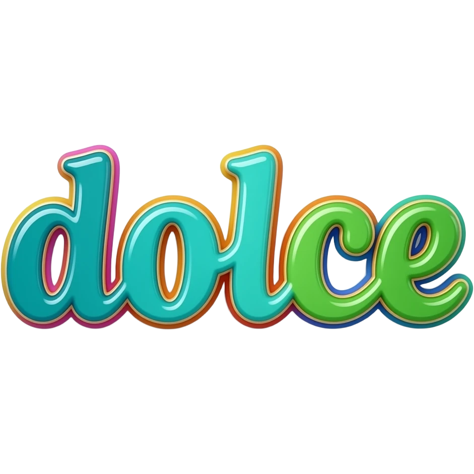 name "dolce" in bright blue teal green 3D style typography lettering, each color of the rainbow as a border outlined around each letter, isolated, 3d rendering, no emoji icons no emoji faces and must have no human figures emoji