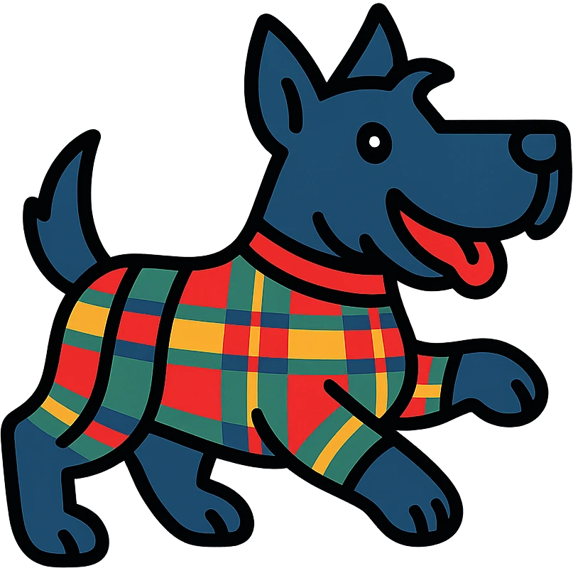 Scotty the Scottish Terrier mascot in tartan colors, energetic pose, modern icon style emoji